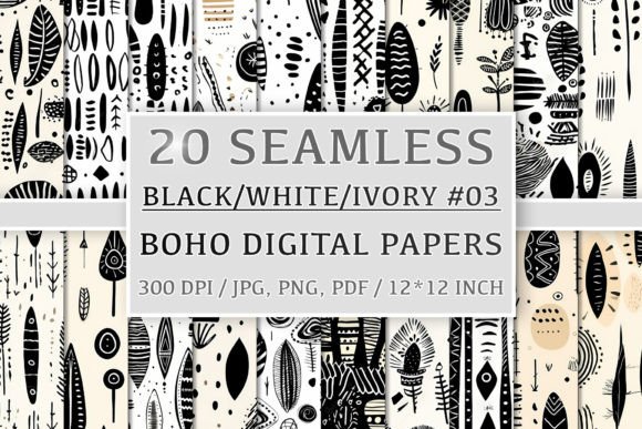 Download 20 Seamless Black White Ivory Boho Set 3 - Black Collection