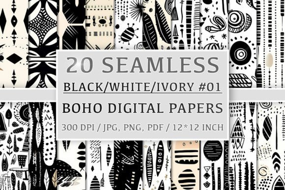 Download 20 Seamless Black White Ivory Boho Set 1 - Black Collection