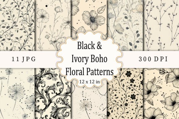 Download Black &amp; Ivory Boho Floral Patterns - Black Collection