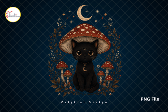 Download Cottagecore Mushroom Moon Black Cat PNG - Black Collection