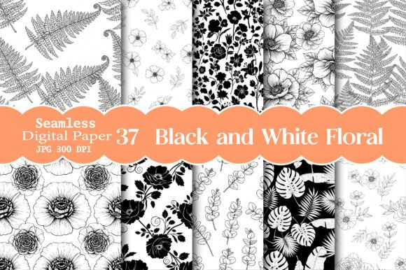 Download Black and White Seamless Floral Patterns - Black Collection