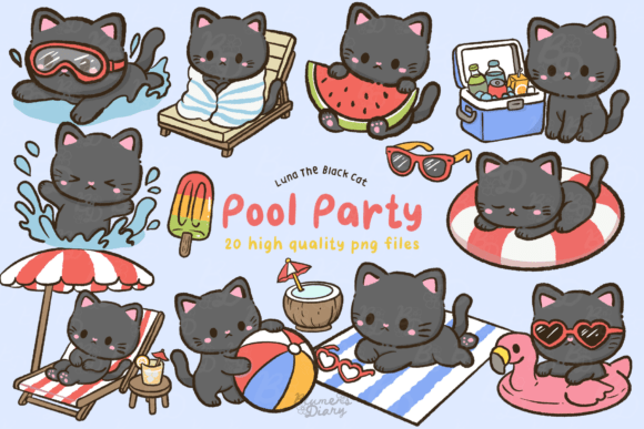 Download Kawaii Pool Party Black Cat Clipart - Black Collection