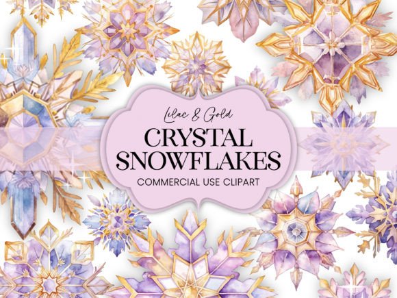 Download Lilac Gold Watercolor Crystal Snowflakes - Premium Resources