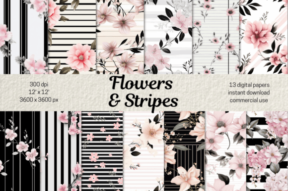 Download Pink Flowers &amp; Black Stripes Background - Black Collection