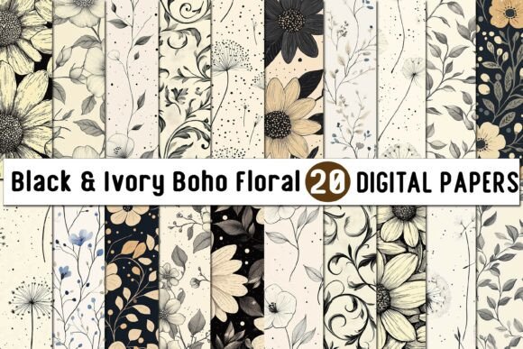Download Black &amp; Ivory Boho Floral Digital Paper - Black Collection