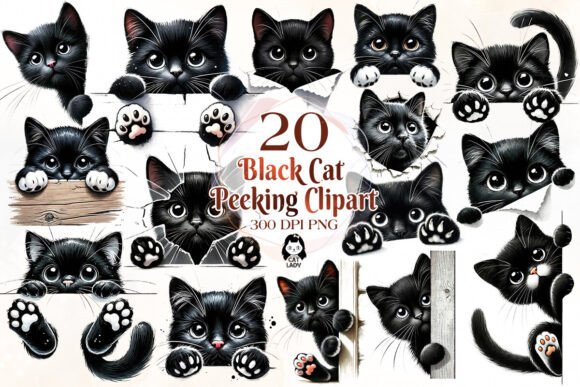 Download Cute Black Cat Peeking Clipart Bundle - Black Collection