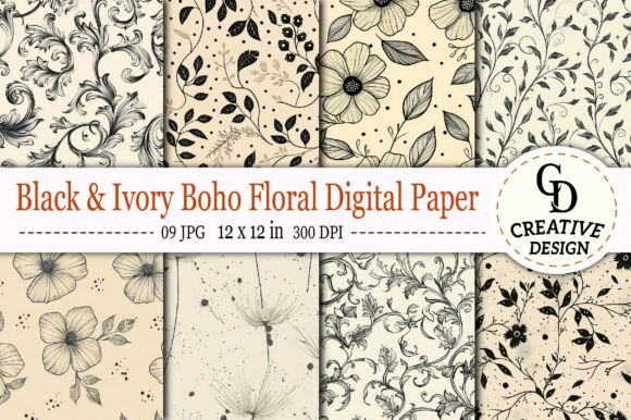 Download Black &amp; Ivory Boho Floral Digital Paper - Black Collection