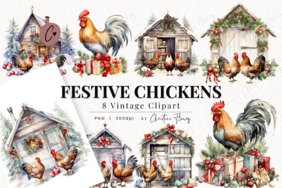 Download Vintage Festive Chickens Clipart - Festive Collection